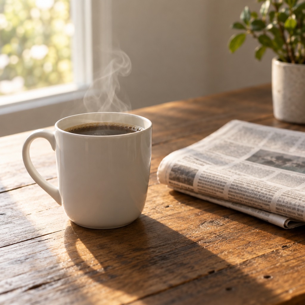 A white cup of coffee on a wooden table beside a window and a folded newspaper