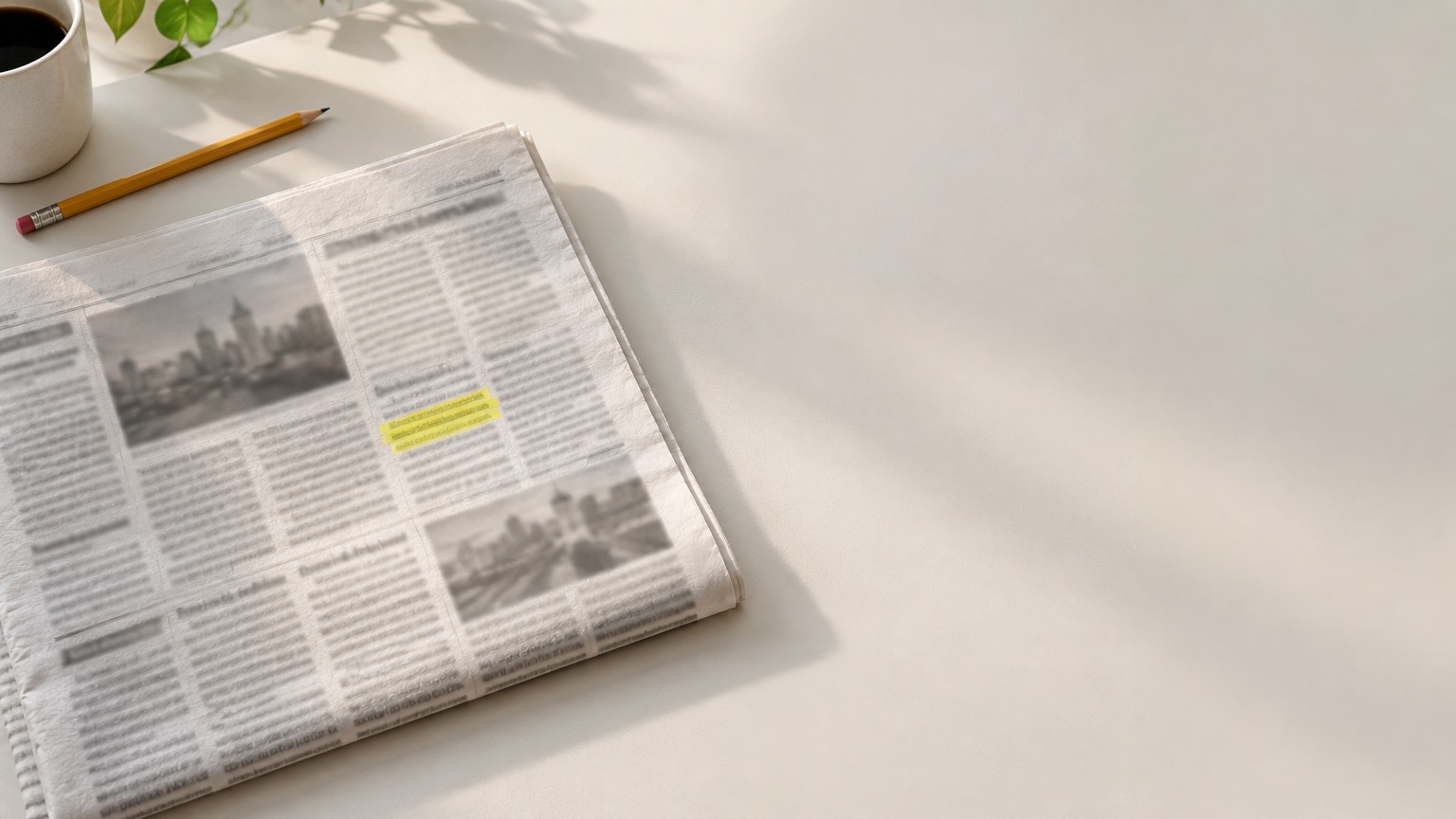 A folded newspaper on a pale desk with a pencil and a yellow highlighted line