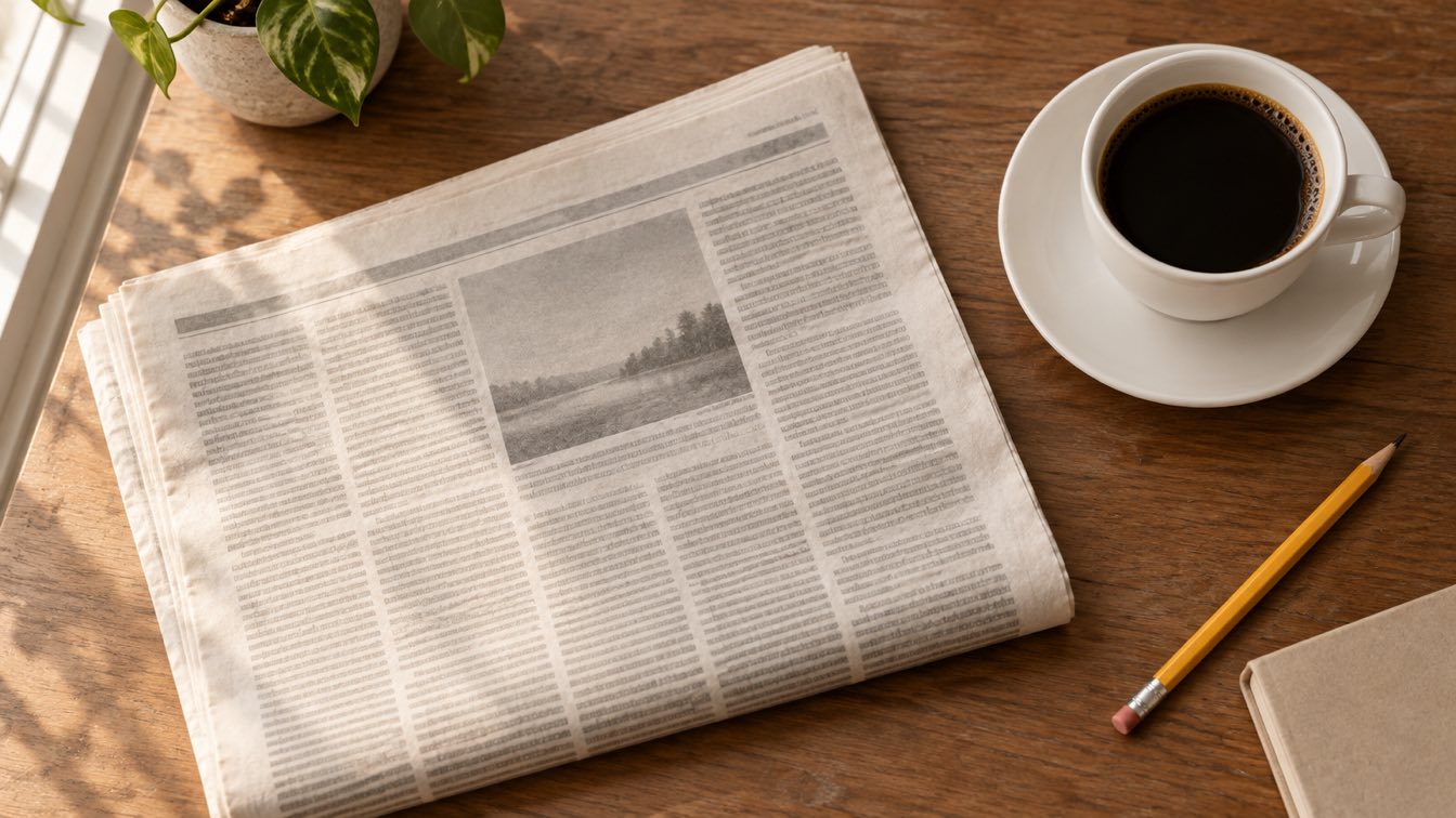 A folded newspaper, a coffee cup and a pencil on a wooden desk in morning light