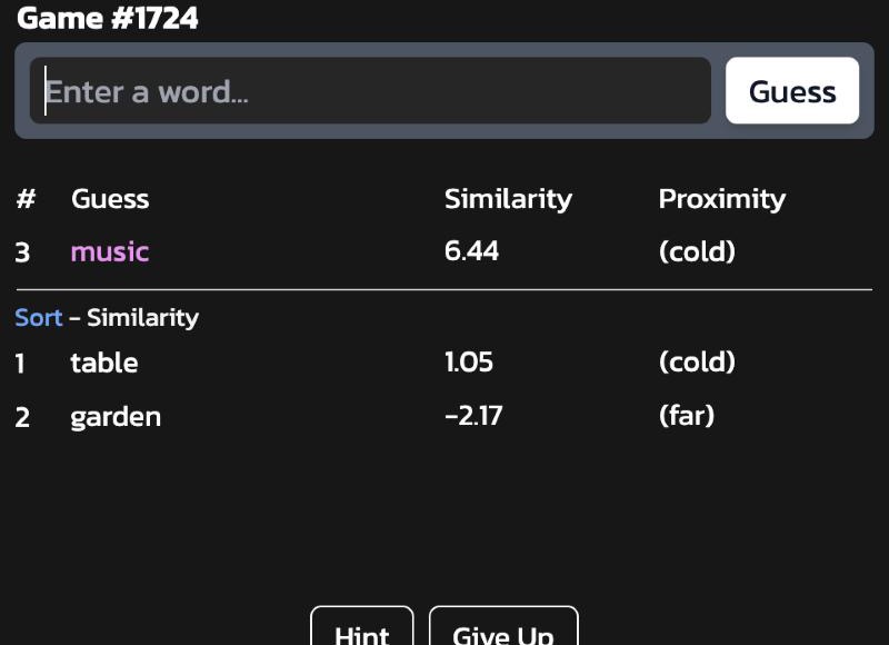 Three guesses listed with similarity scores and cold or far labels