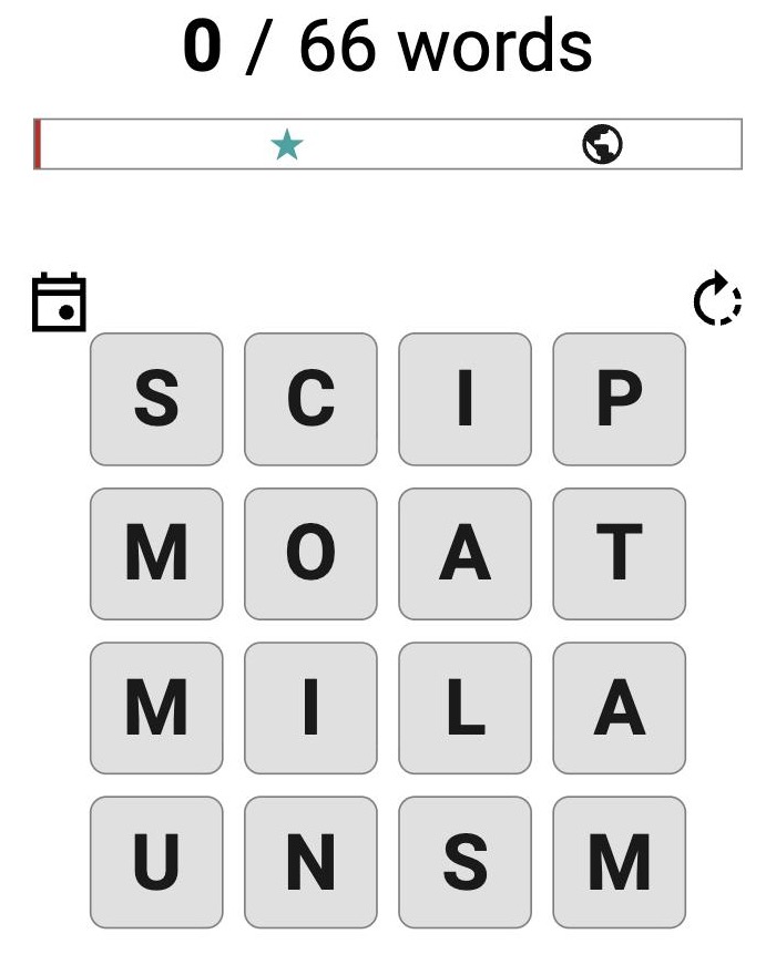 The daily grid of sixteen letter tiles with a zero-words counter above it