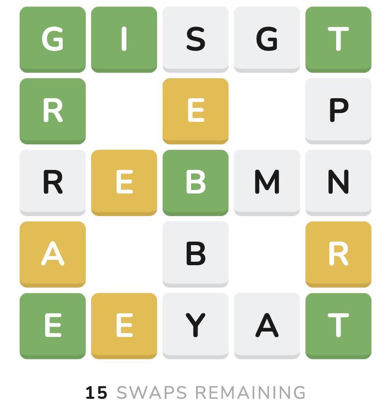 A scrambled letter grid with green and yellow tiles and a swaps-remaining counter
